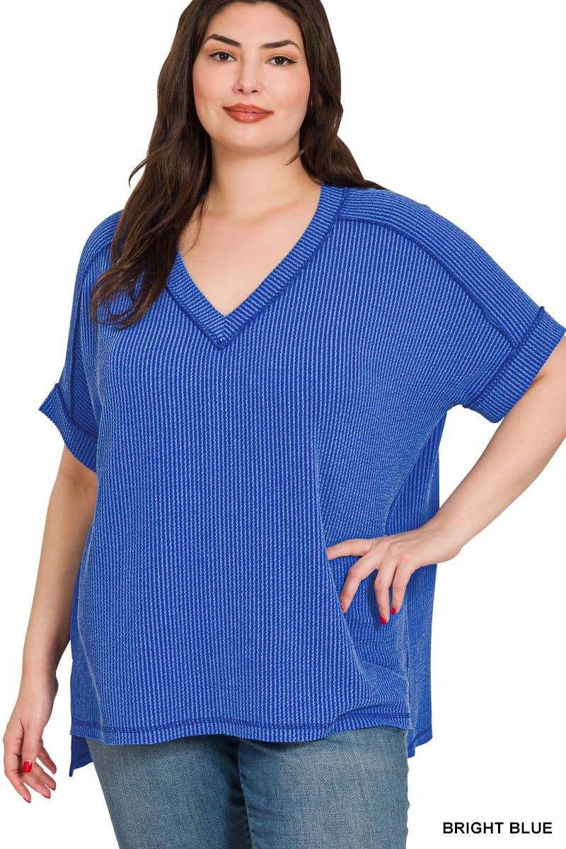 Plus Corded Rib Short Sleeve Hi Low Neck Top