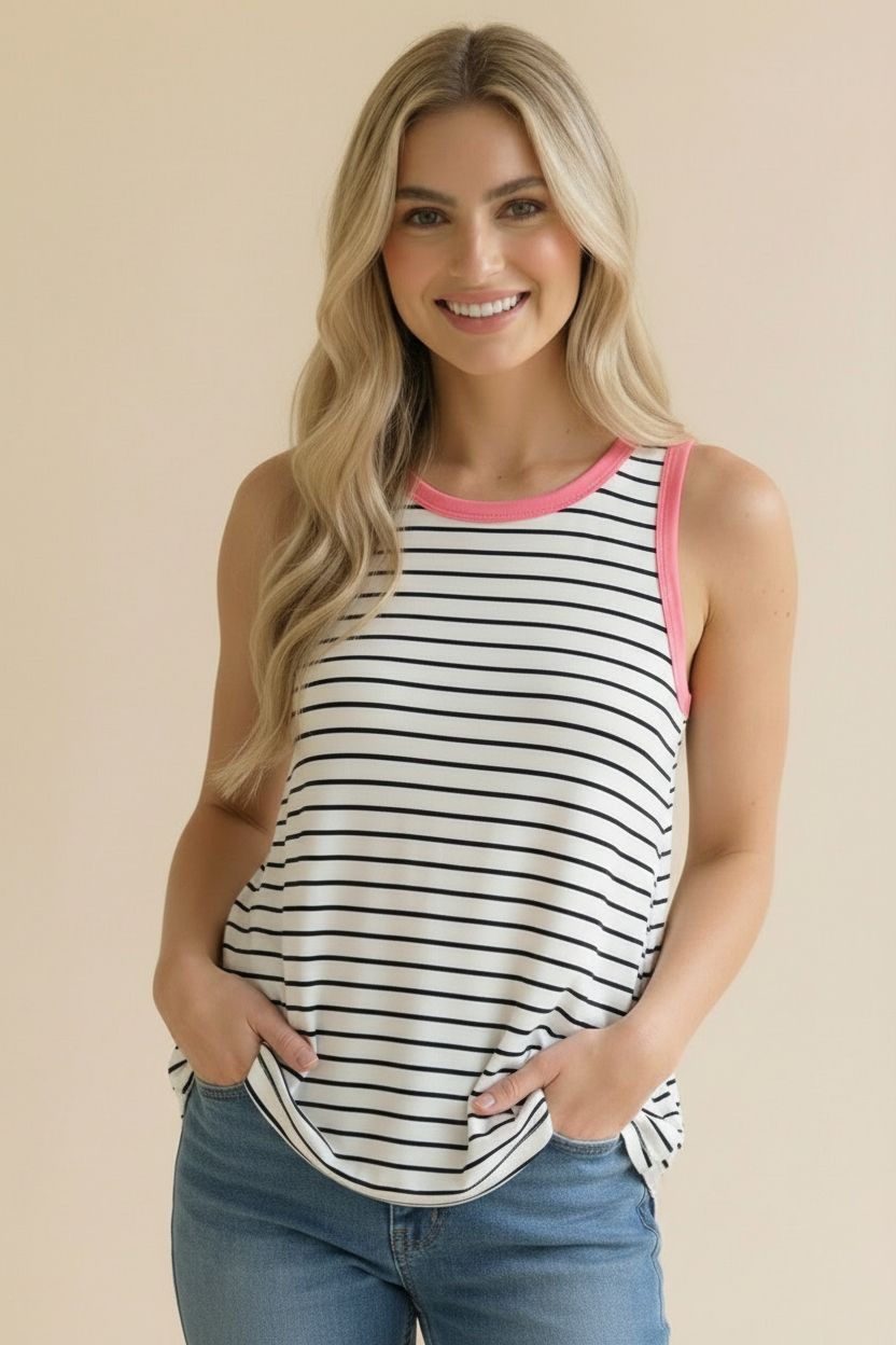 Round Neck Color Block Multi Stripe Tank