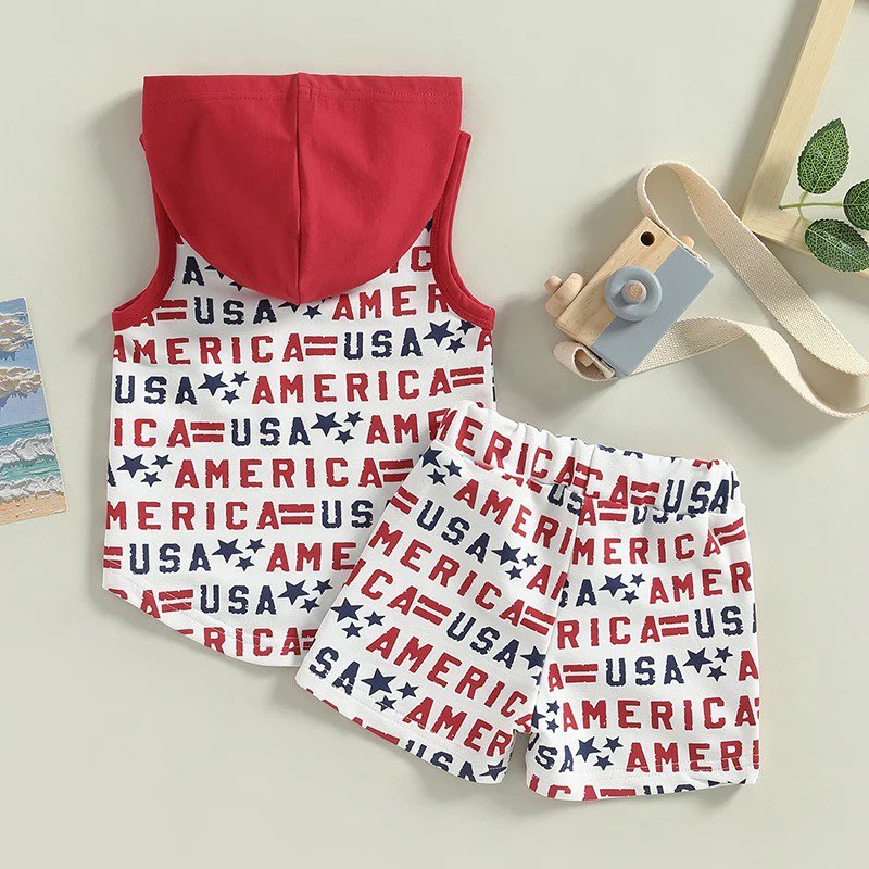 Boy's Patriotic America Print Hooded Tank Outfit