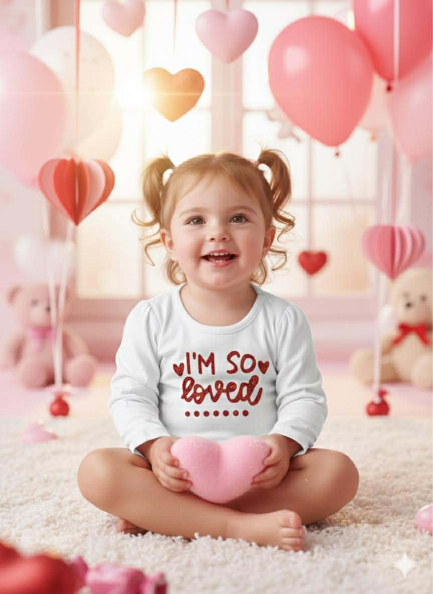 Girls Valentine's Day “I’m So Loved” Handmade Glitter Vinyl Shirt – Short & Long Sleeve Options