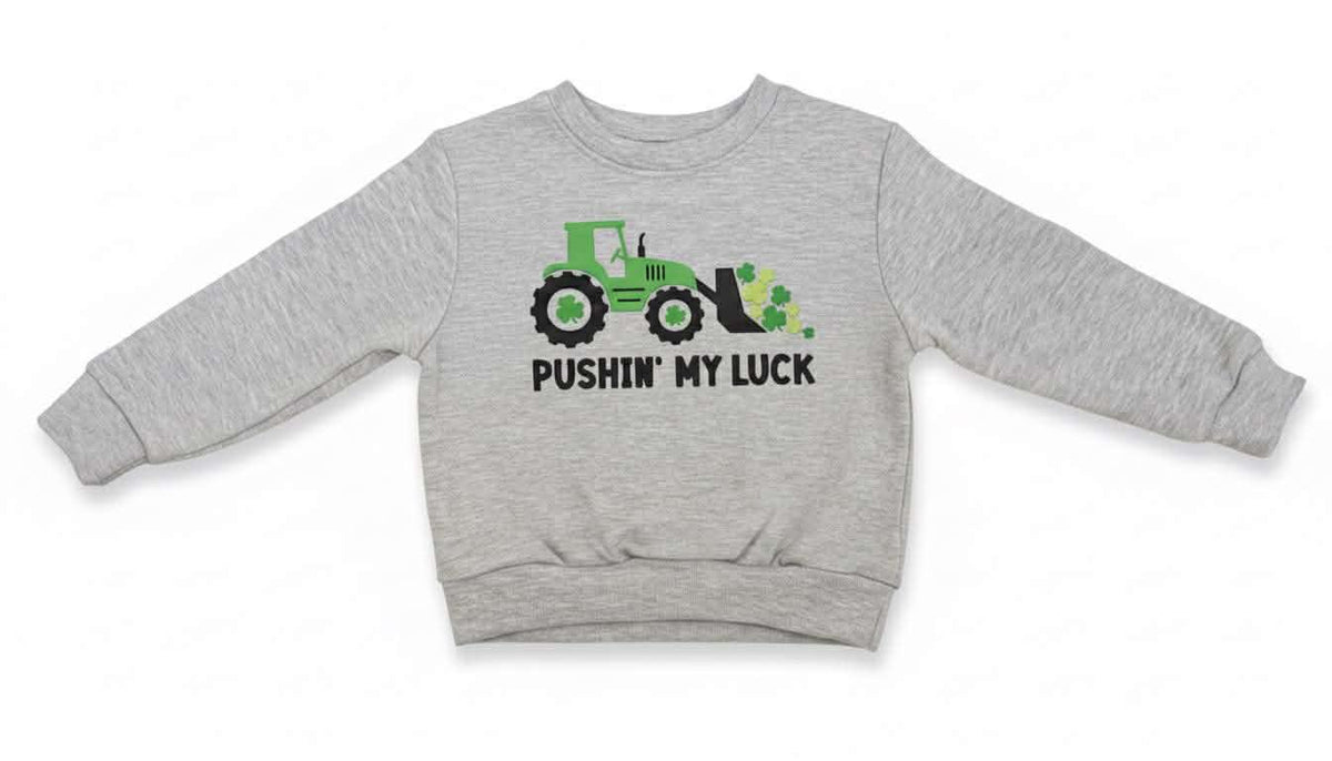 Boys’ St. Patrick’s Day “Pushin’ My Luck” Tractor Design Sweatshirt
