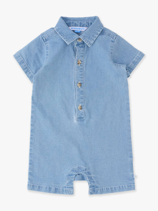 Baby Boys Light Wash Denim Button-Up Romper