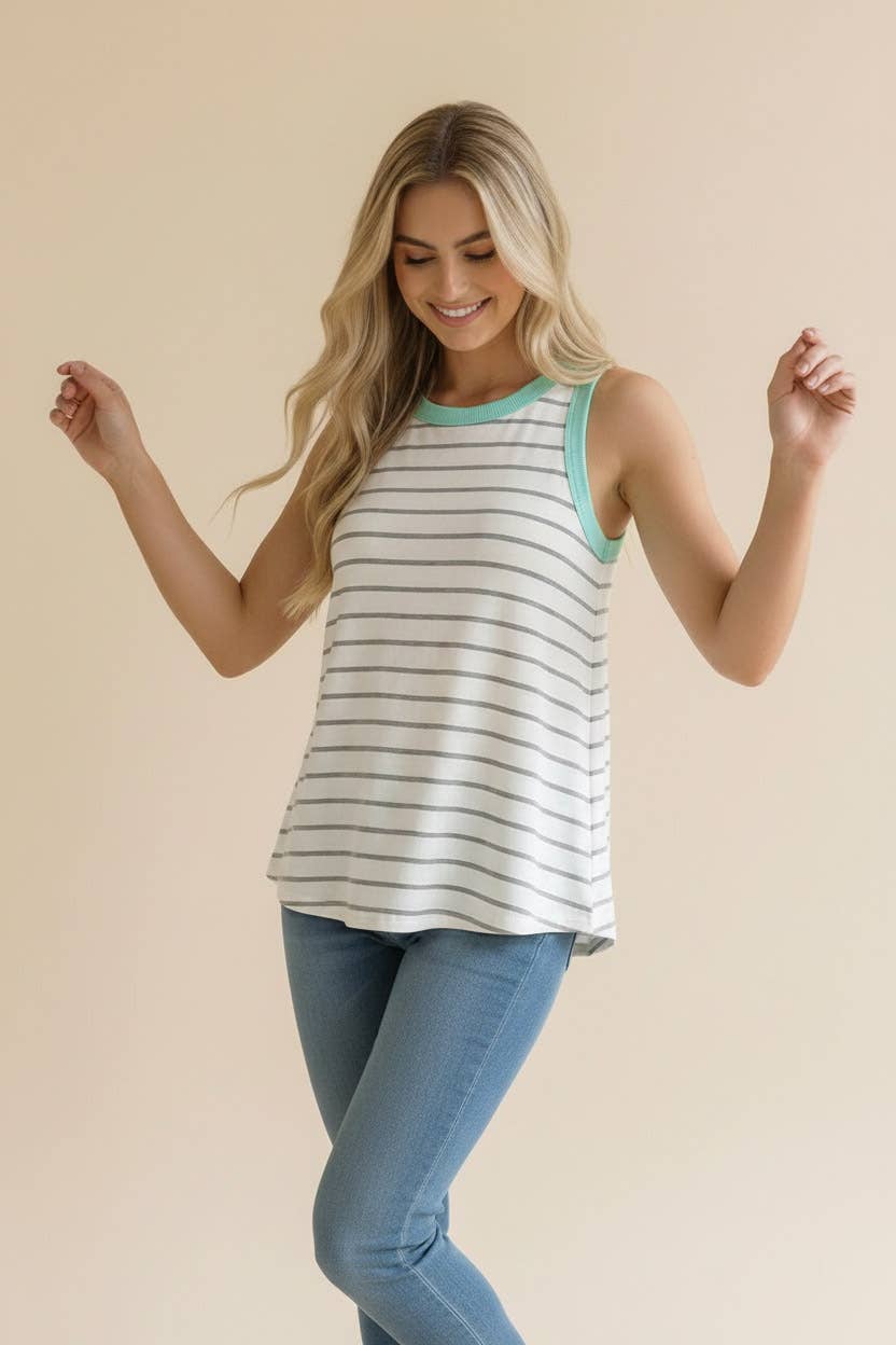 Round Neck Color Block Multi Stripe Tank