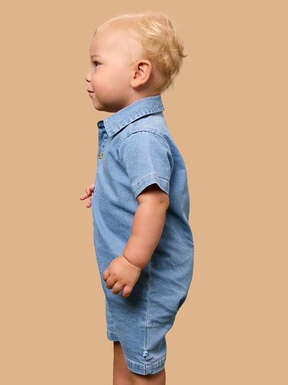 Baby Boys Light Wash Denim Button-Up Romper