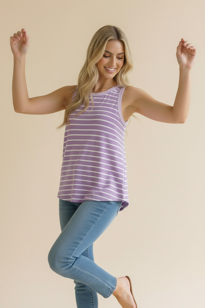 Round Neck Color Block Multi Stripe Tank