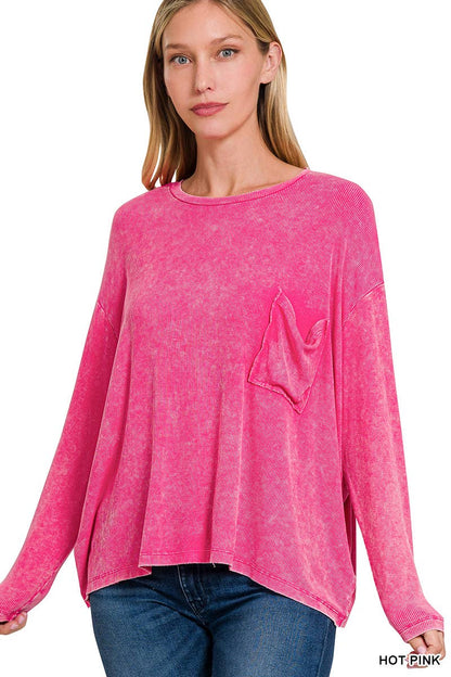 Washed Dolman Sleeve Round Neck Top With A Pocket - Zenana