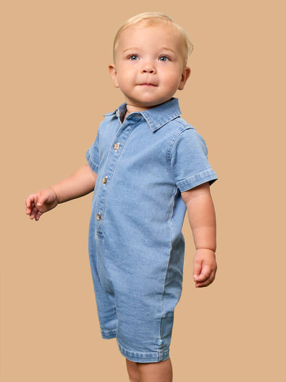 Baby Boys Light Wash Denim Button-Up Romper
