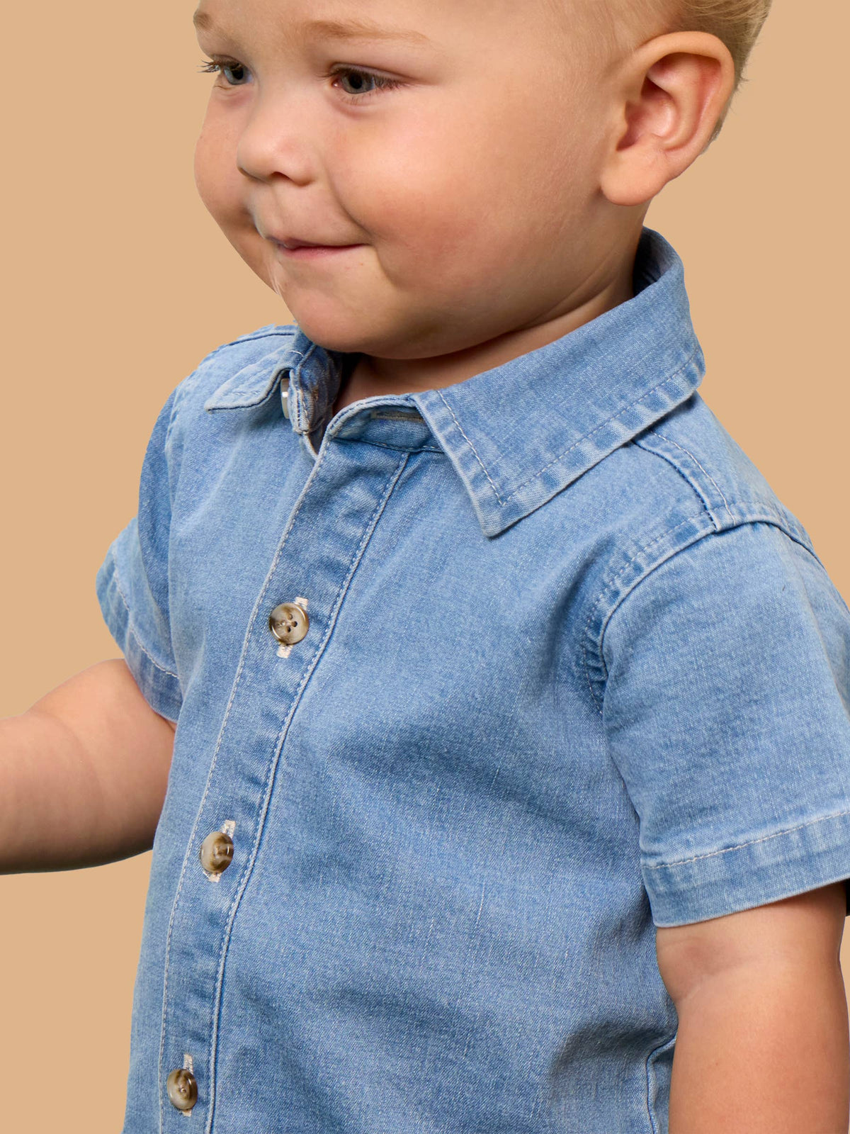 Baby Boys Light Wash Denim Button-Up Romper