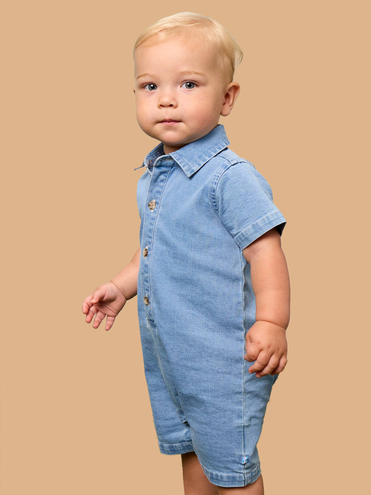 Baby Boys Light Wash Denim Button-Up Romper