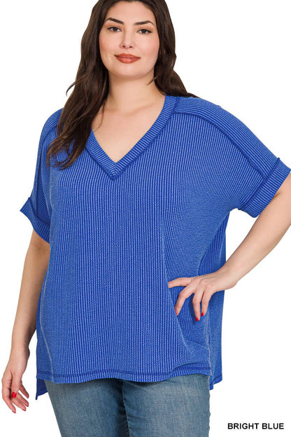 Plus Corded Rib Short Sleeve Hi Low Neck Top