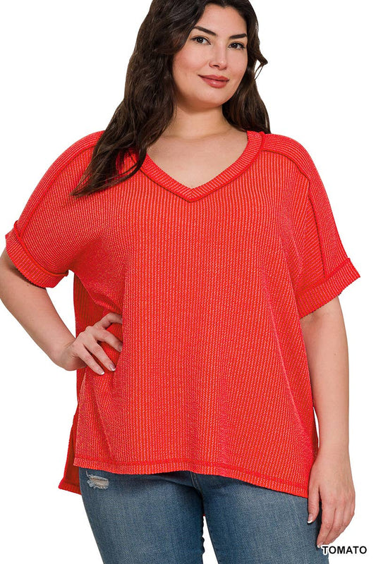 Plus Corded Rib Short Sleeve Hi Low Neck Top