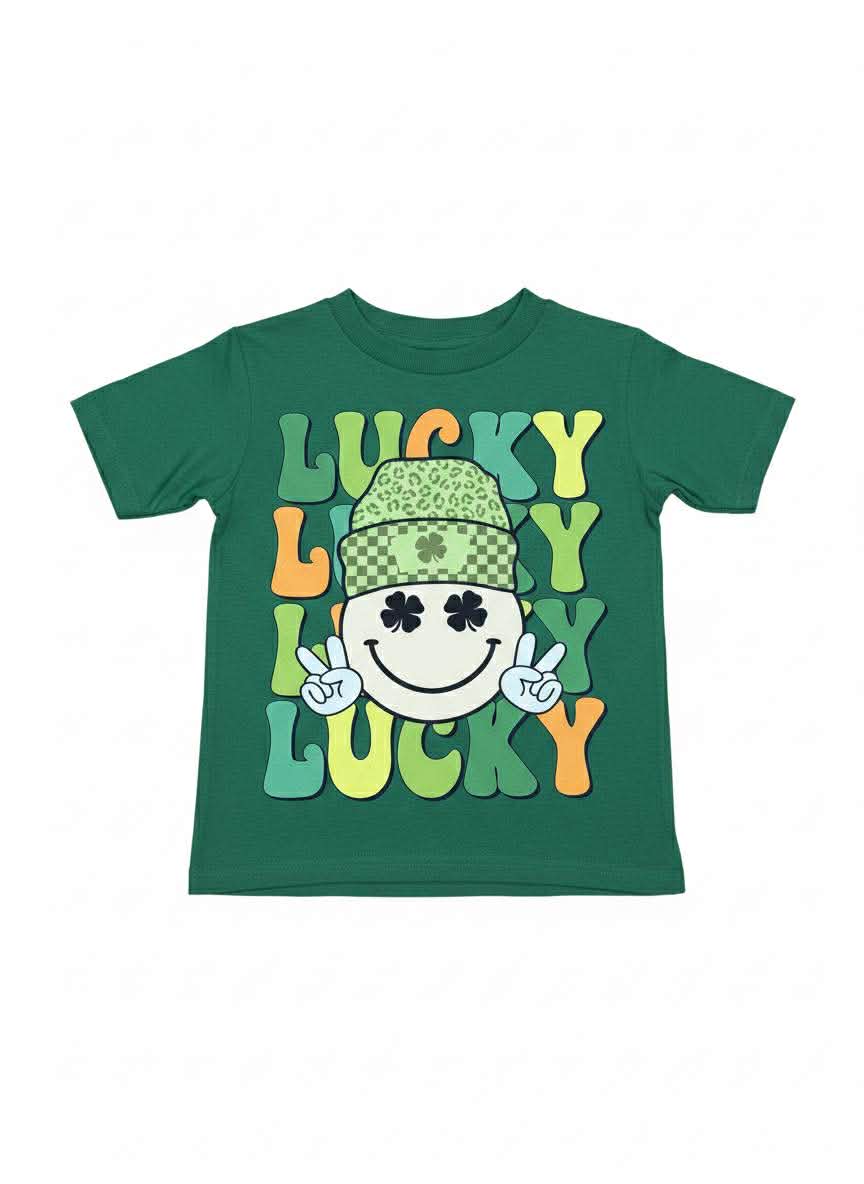 Boys’ Handmade “Lucky” St. Patrick’s Day Shirt – Smiley Shamrock Graphic Tee