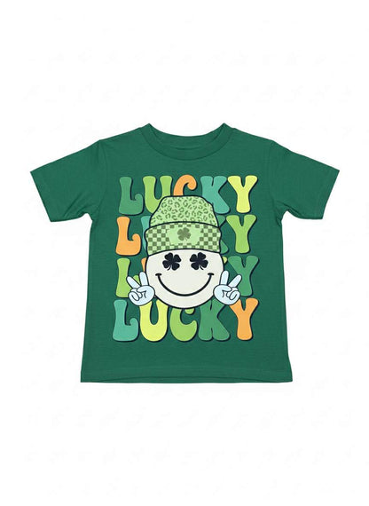 Boys’ Handmade “Lucky” St. Patrick’s Day Shirt – Smiley Shamrock Graphic Tee