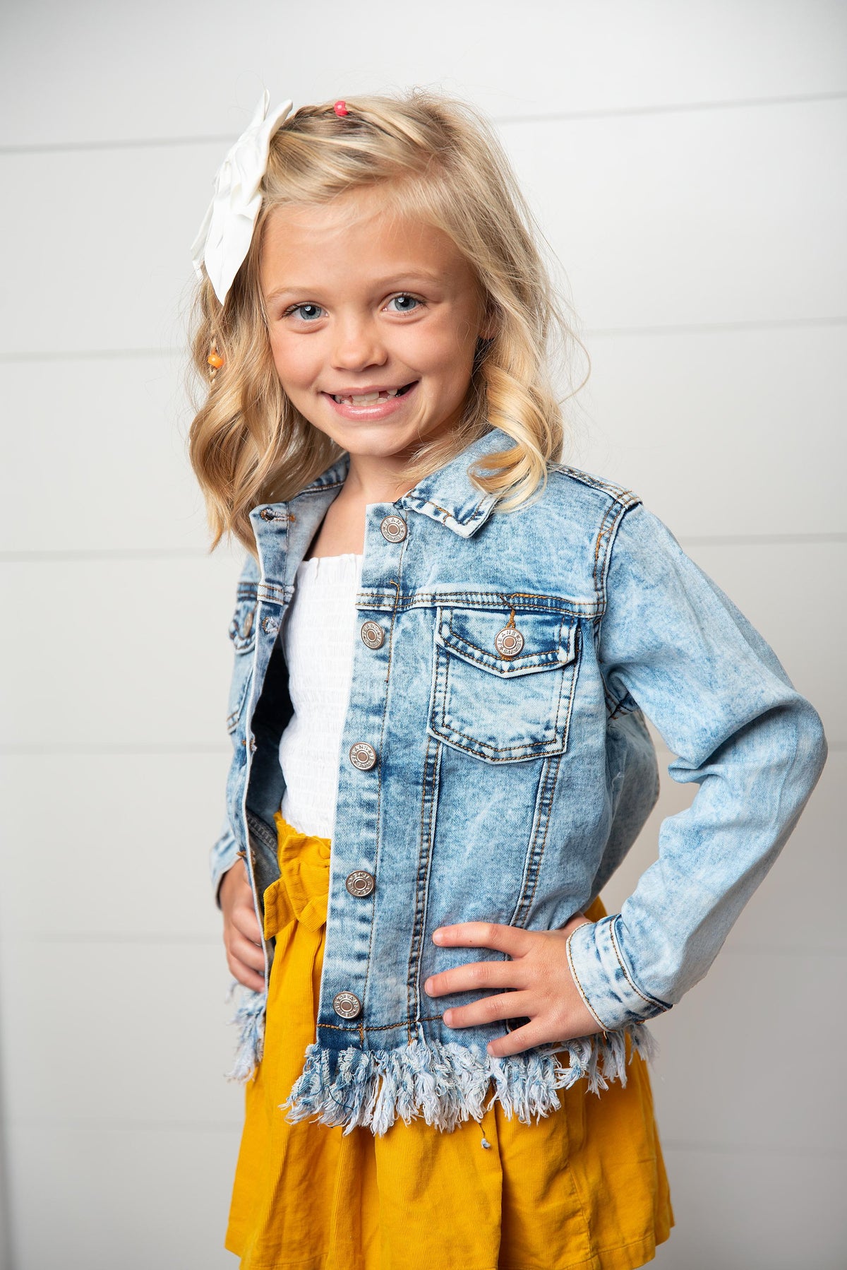 Girls Light Wash Distressed Denim Jacket with Fringe Hem