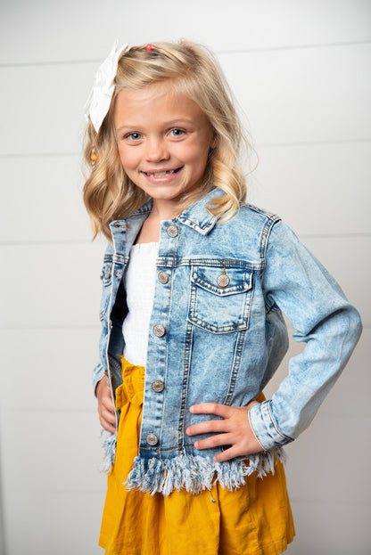 Girls Light Wash Distressed Denim Jacket with Fringe Hem