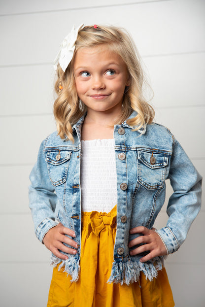 Girls Light Wash Distressed Denim Jacket with Fringe Hem