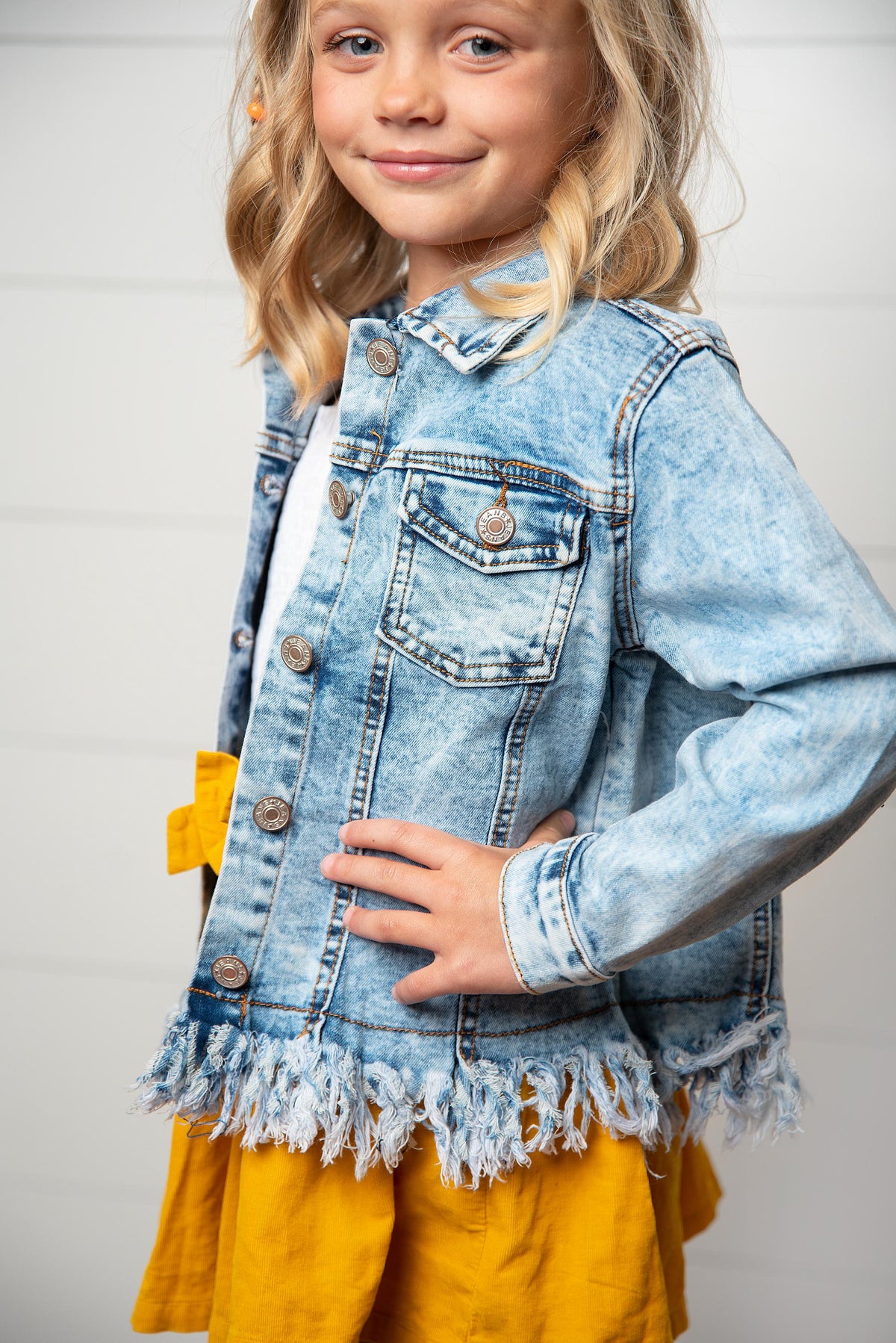 Girls Light Wash Distressed Denim Jacket with Fringe Hem