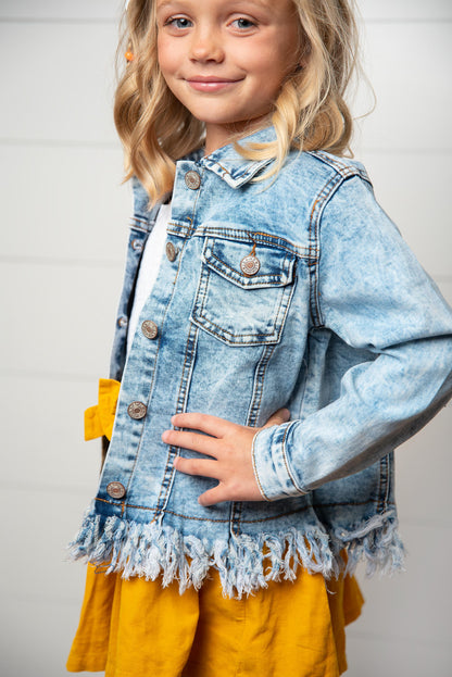 Girls Light Wash Distressed Denim Jacket with Fringe Hem