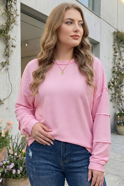 Solid Drop Shoulder Long Sleeve Plus Size Ribbed Top (1X-4X)