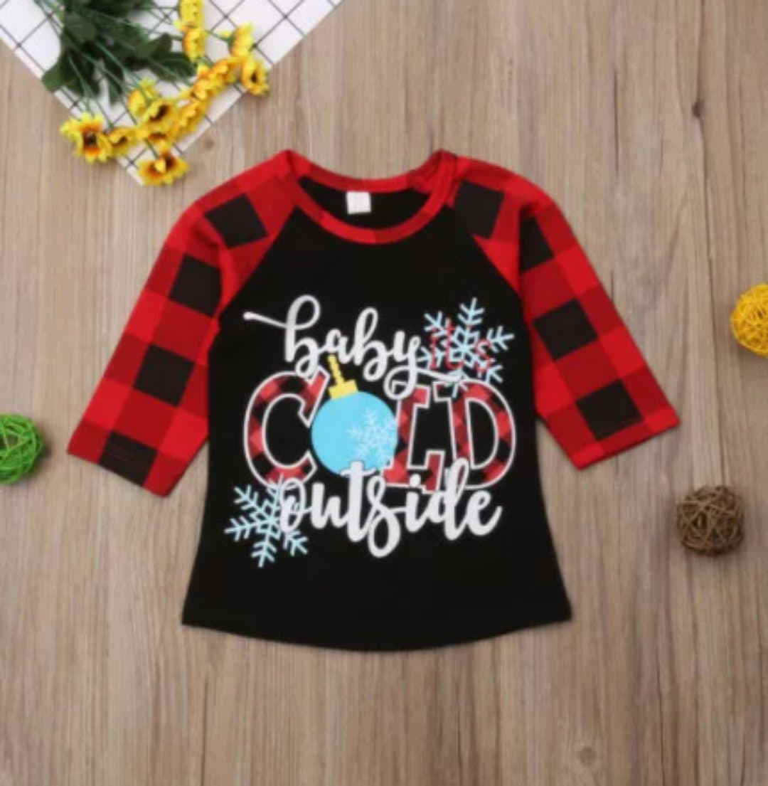 Girl's Baby Its Cold Outside Buffalo Plaid Raglan Tee Shirt