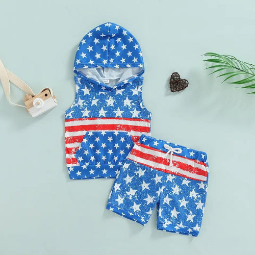 Boy's Fourth of July Distressed Patriotic Stars and Stripes Hooded Outfit