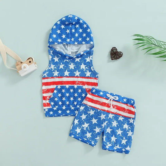 Boy's Fourth of July Distressed Patriotic Stars and Stripes Hooded Outfit
