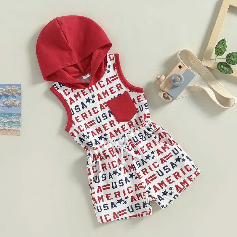 Boy's Patriotic America Print Hooded Tank Outfit