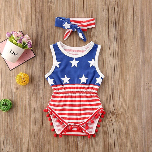 Girl's Fourth of July American Flag Pom Pom Romper
