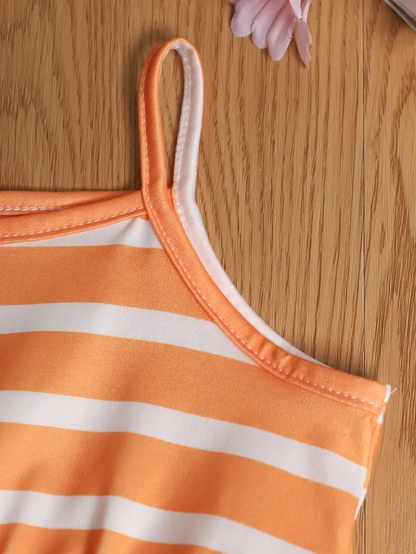 Girl's Summer Sleeveless Romper- Blue Dots/Orange Stripes/Blue Sunflowers