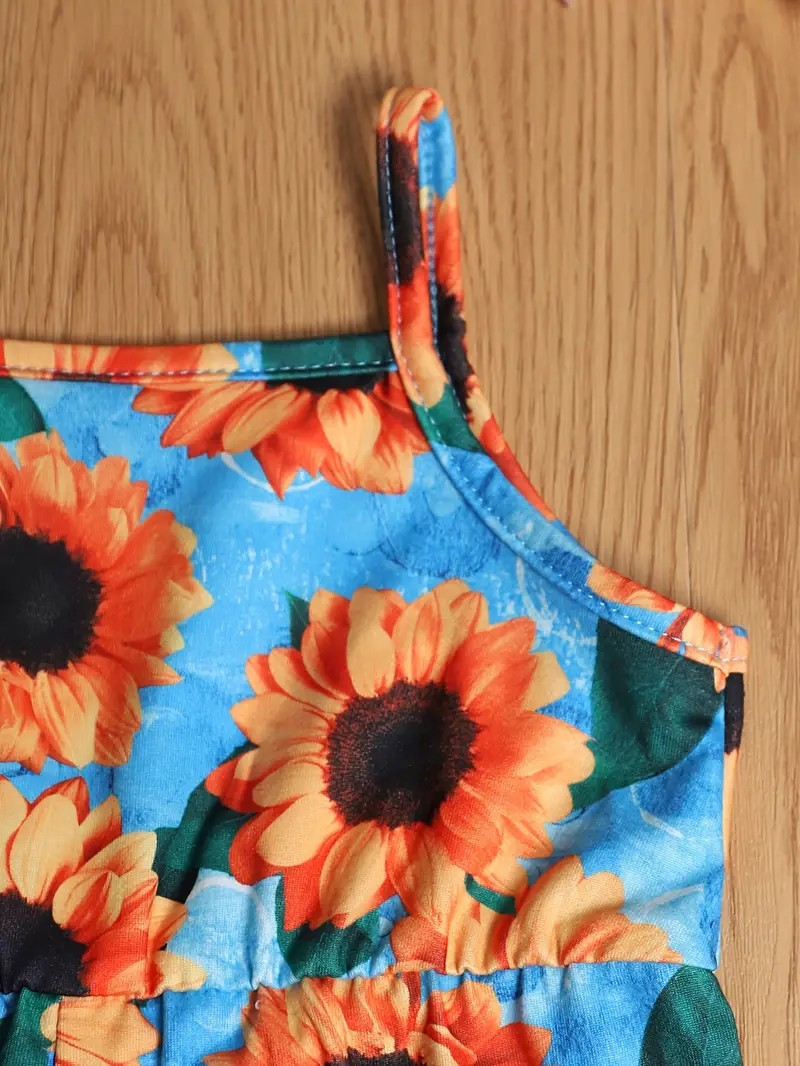 Girl's Summer Sleeveless Romper- Blue Dots/Orange Stripes/Blue Sunflowers