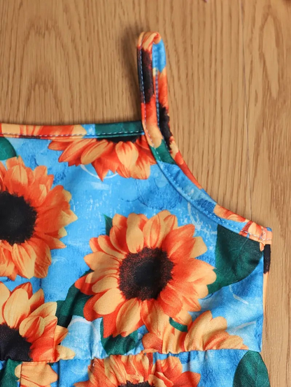 Girl's Summer Sleeveless Romper- Blue Dots/Orange Stripes/Blue Sunflowers