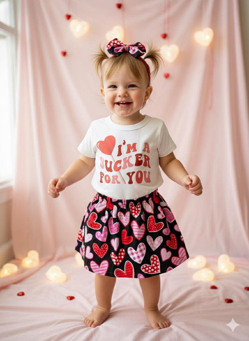 Handmade Toddler Girl Valentine Outfits – Black with Hearts Skirt Collection