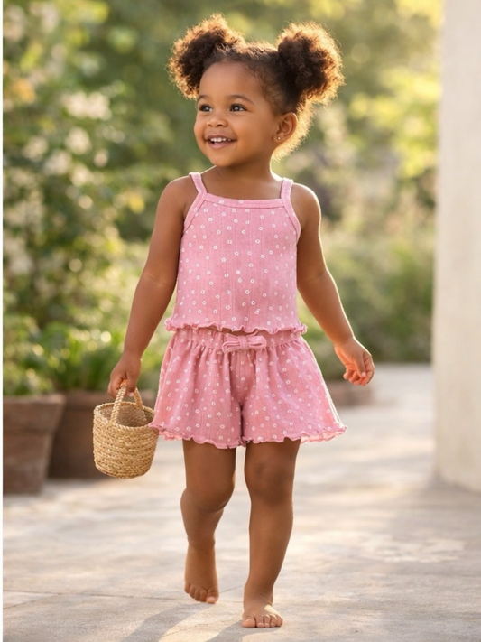Girls Pink Floral Organic Pointelle Summer Set