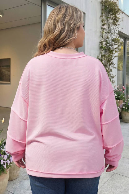 Solid Drop Shoulder Long Sleeve Plus Size Ribbed Top (1X-4X)