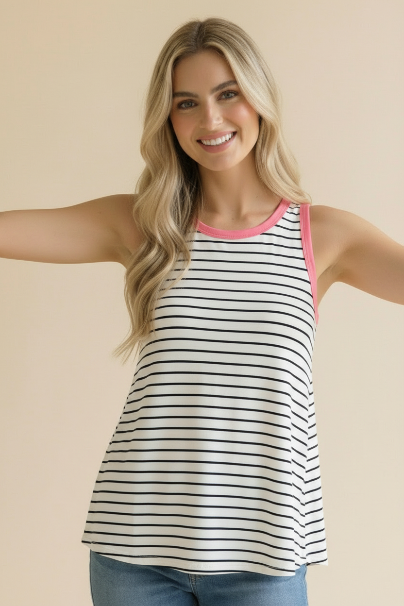 Plus Round Neck Color Block Multi Stripe Tank