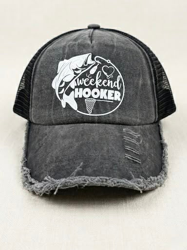Women’s Distressed "Weekend Hooker" Fishing Baseball Cap (Handmade)